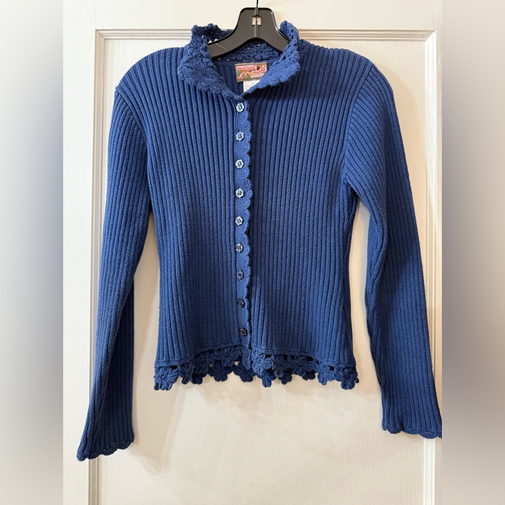 April Cornell blue ribbed cardigan with crochet trim size XS